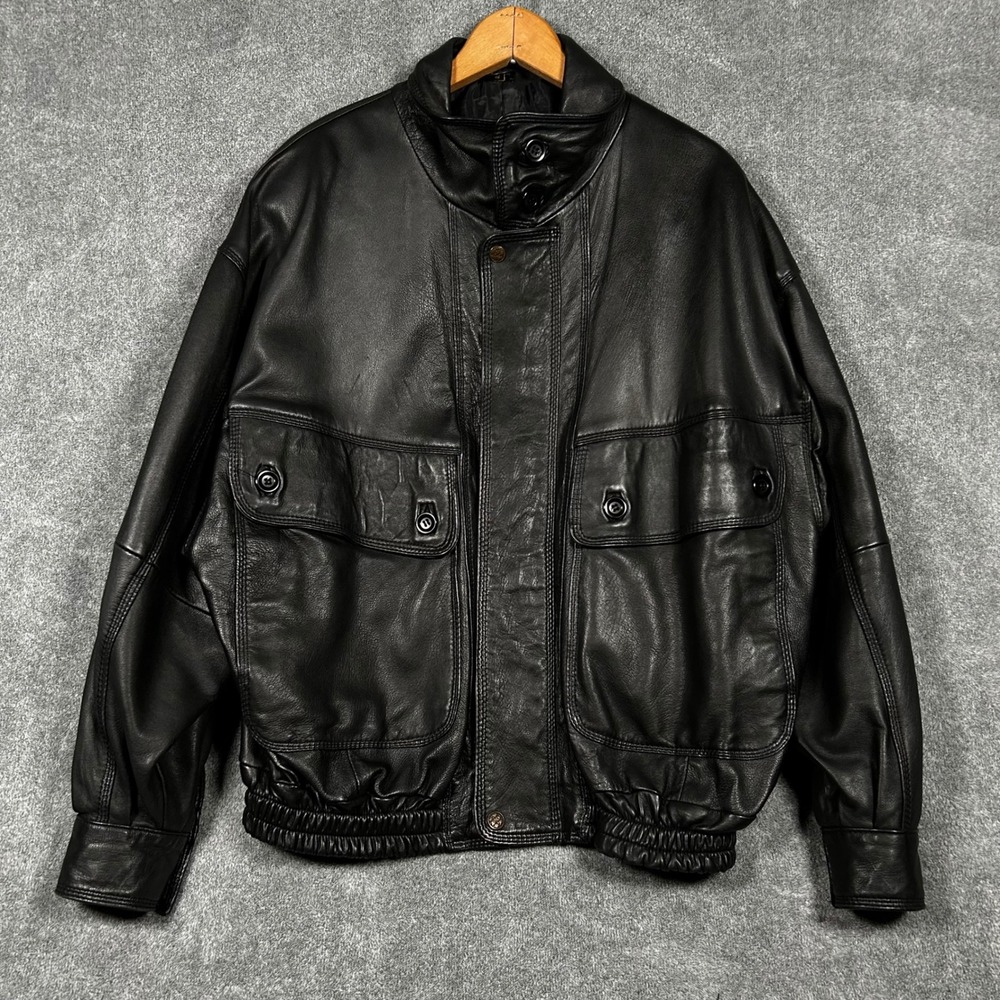 VTG Khazar Khaz Bomber Jacket Black Leather Mens S 80s Oversized Flight Pilot